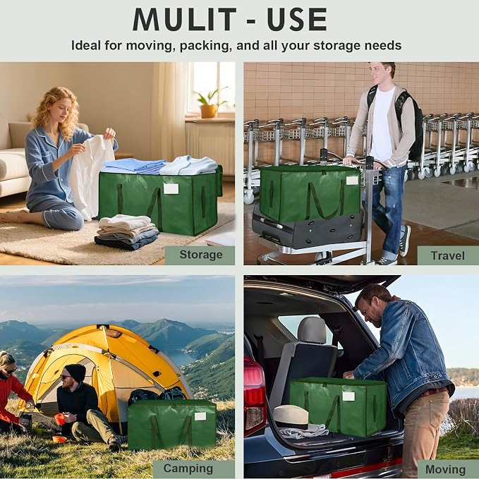 6 Pack-Extra Large Heavy Duty Moving Bags - Waterproof Storage Totes with Handles & Zippers, Foldable for College Dorm, Storage (olive green) - Image 7