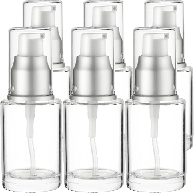 Clear Glass Pump Bottle (6-Pack) 1 Oz 30ml - Refillable, Silver Cap | Luxury, Lotion, Serum, Foundation, Body Cream, Sanitizer, Cosmetics, Travel by Vitalup