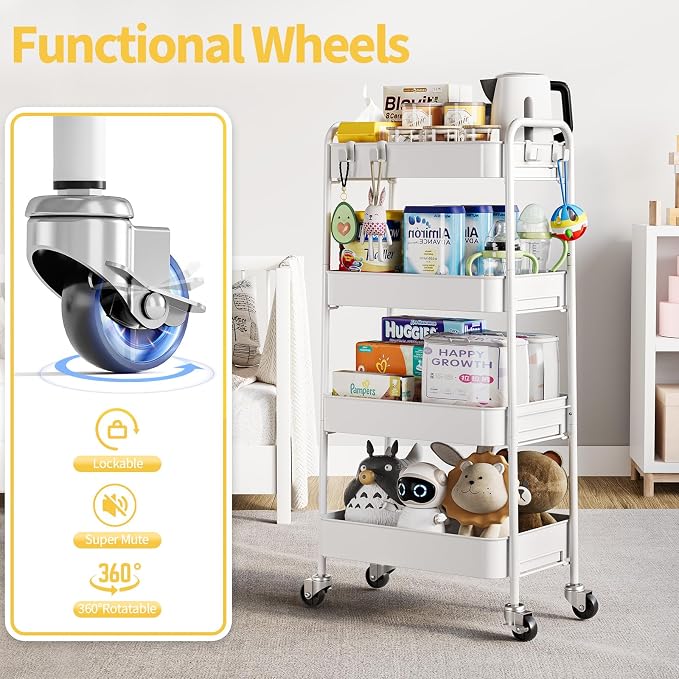 TOOLF 4 Tier Metal Rolling Cart, Utility Storage Cart with Wheels, White | Screwless Assembly, Lockable Metal Wheels, Trolley Organizer for Bathroom, Kitchen, Office, Dorm, Laundry, Craft Room - Image 4