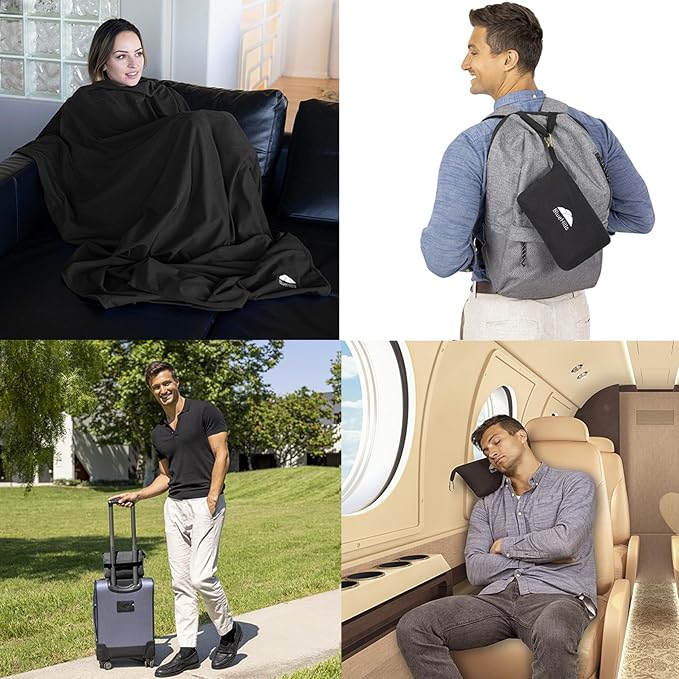 BlueHills Premium Soft Lightweight Travel Blanket Pillow 2 in 1 - Black | 2 in 1 Compact Travel Pillow, 70 X 56 Inches Long, Portable & Lightweight, Long Flight Comfort, Traveling Essential Accessory - Image 3
