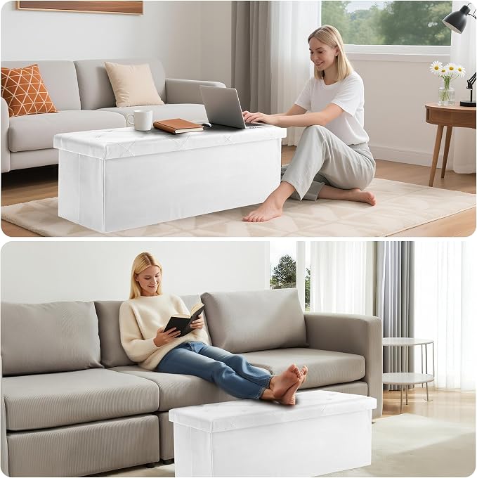 DUMOS 43 Inch Folding Storage Ottoman Bench, Large Ottoman with Storage | Storage Chest with Padded Seat, End of Bed Foot Rest Stool for Bedroom Living Room, Load 660 lbs, Synthetic Leather, Beige - Image 6