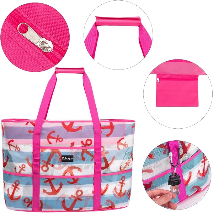 KABAQOO Mesh Beach Bag, Extra Large Beach Bags with 9 Pockets & Zipper Waterproof Lightweight Beach Tote for Beach/Pool Trip - Image 5