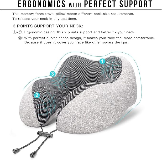 MLVOC Neck Pillow for Traveling, Upgraded 100% Pure Memory Foam Travel Neck Pillow for Airplane Flight Sleep, Breathable & Machine Washable Cover, Travel Kit with 3D Eye Mask, Earplugs & Bag, Grey | memor foam - Image 2