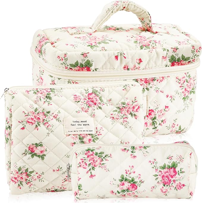 URSKYTOUS 3Pcs Cotton Quilted Makeup Bag for Women Girls Large Small Travel Pink Floral Cosmetic Bags Set Cute Coquette Makeup Pouch for Purse Aesthetic Cloth Flower Storage Toiletry Bag Organizer by URSKYTOUS