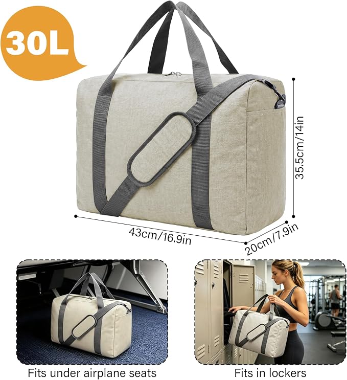 30L Foldable Underseat Travel Duffel Bag 17.3"x13.8"x7.9" – Lightweight Carry on Luggage for Women and Men, Waterproof Overnight Bag, Gym Sport Holdall, Hospital Tote with Trolley Sleeve, Beige - Image 2