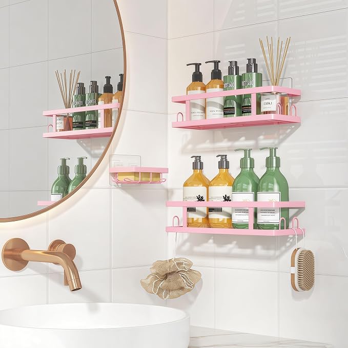 Youvip Pink Shower Caddy, 3 Pack | Shower Shelves, Stronger Adhesive, Soap Holder and 12 Hooks, No Drilling, Bathroom Organizer and Storage - Image 4