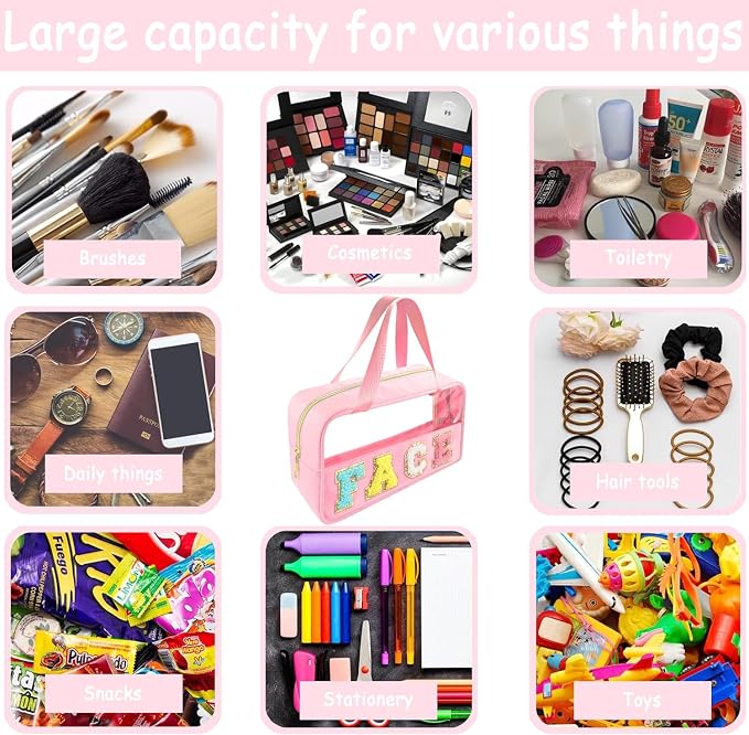 Bunliuys Chenille Letter Clear Makeup Bag Face Patch, Travel Toiletry Makeup Bag with Handle, Nylon Waterproof Makeup Bags clear cosmetic bag, preppy patch makeup bag for Women (FACE-Pink) - Image 5