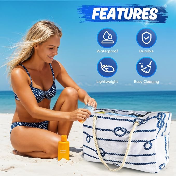 SRISE Large Beach Bag for Women & Men, Beach Bags Waterproof Sandproof, Travel Tote Bag, Swim Pool Bag for Family Outdoor - Image 7