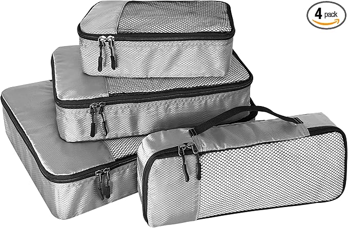 WTREE 4-Piece Packing Cubes Travel Accessories Set for Suitcases - Luggage Organizer Bags with Double Zipper - Mesh Top - Small/Medium/Large/Slim - Grey by WTREE