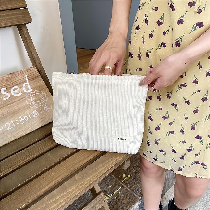 Cosmetic Bags for Women - Corduroy Cosmetic Bag Aesthetic Women Handbags Purses Smile Dots Makeup Organizer Storage Makeup Bag Girls Case Bags (Pure Milky white) - Image 2