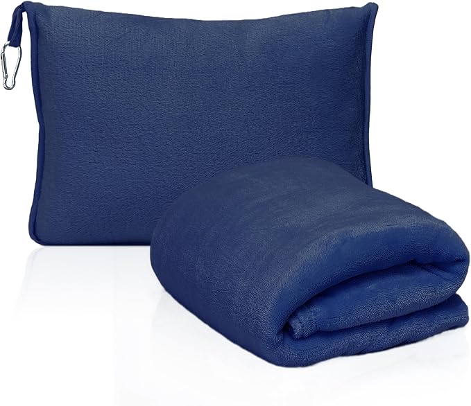 2-in-1 Convertible Travel Blanket & Pillow-Ultra Soft, Compact & Packable with Hand Luggage Sleeve and Backpack Clip for Flight & Car,Navy Blue by DTXIAQIAO