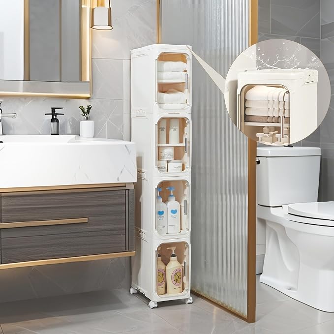 2-Tier Narrow Storage Cabinet Slim Bathroom Skinny Organizer with Wheels | Slim Storage Cabinet with Lockable Rolling Wheels Adjustable Detachable Shelves Snap Assembly for Small Spaces,Snow White - Image 7
