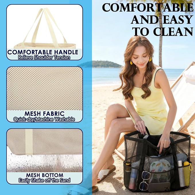 Fammart Mesh Beach Bag for Women, Large Beach Toy Pool Bag with Zipper Pocket, SandProof Cruise Essentials 2026 Family Travel - Image 6