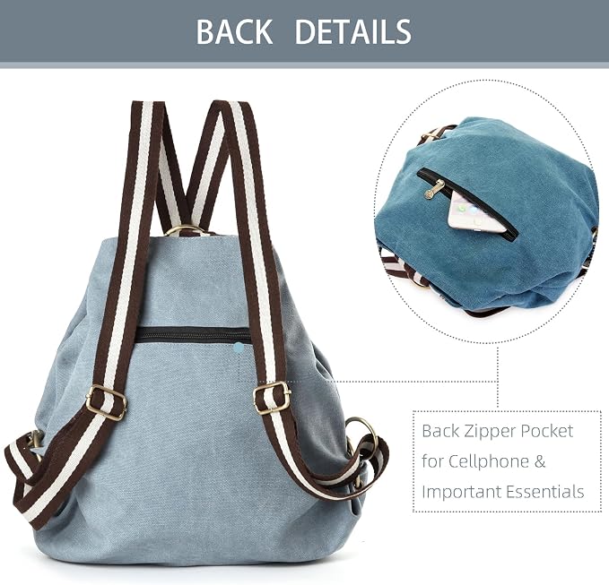 Goodhan Women Canvas Backpack Daypack Casual Shoulder Bag, Vintage Heavy-duty Anti-theft Travel Backpack (Blue Grey) - Image 3
