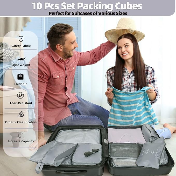 10 Pcs Set Packing Cubes - Travel Packing Organizers, Expandable Suitcase Organizer, Luggage Organizer Bags - Image 2
