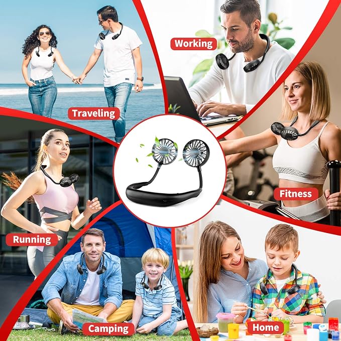 JUANANIUG Portable Neck Fan Rechargeable Personal HandFree Fan Mini USB Wearable Neckband Sport Fan 3 Speed Adjustable 360 Degrees Rotation Perfect for Working Traveling Office Reading (Full Black) - Image 4