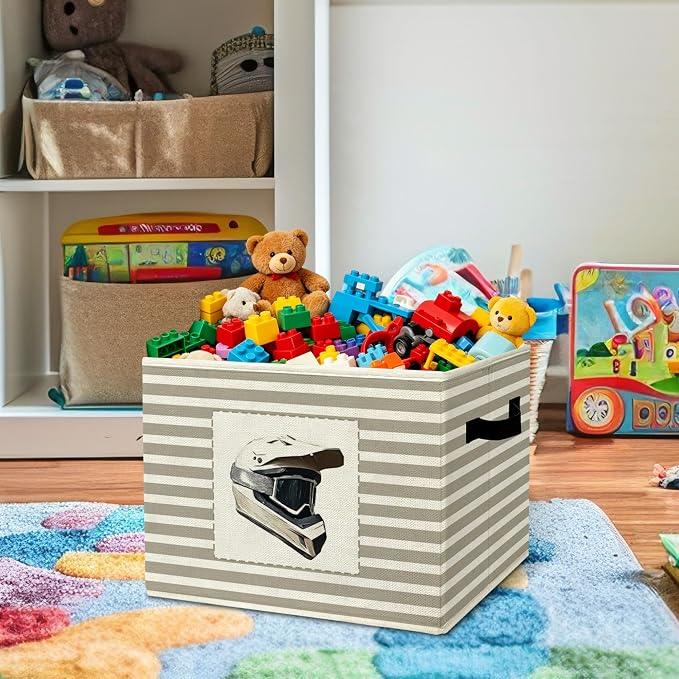 Rustic Dirt Bike Helmet Storage Bins Boxes Handles | grey striped nursery foldable basket for organizing bedroom toddler playroom - Image 2