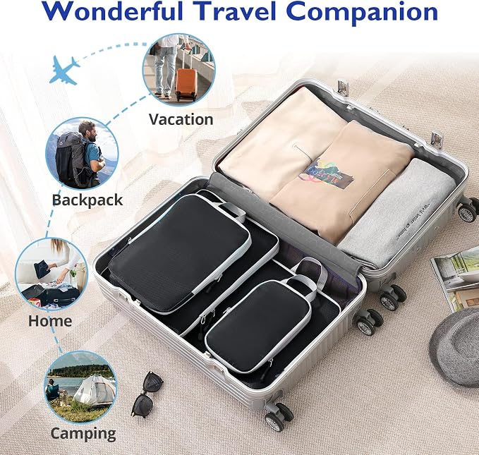 Compression Packing Cubes, 8 Set Packing Cubes for Travel Compression, Lightweight Compressible Package Organizer for Carry On and Suitcases, Black and Grey - Image 4