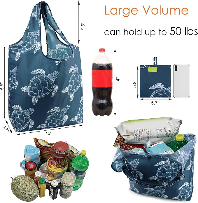 BeeGreen Sea Turtle Reusable Grocery Bags Large Tote Bag With Handles, Bulk Gift Foldable Shopping Bags for Women 6 Pack, Cute Cloth Bag, Heavy Duty, Washable For Beach, Holiday, Travel And Groceries​ - Image 3
