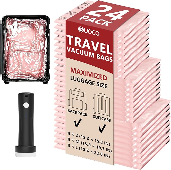 Travel Vacuum Bags for Clothing with Rechargeable Pump 24 Combo, Pink | Compression Packing Cubes Organizer Storage for Luggage Suitcase, Space Saver Seal Bags for Vacation Cruise by SUOCO