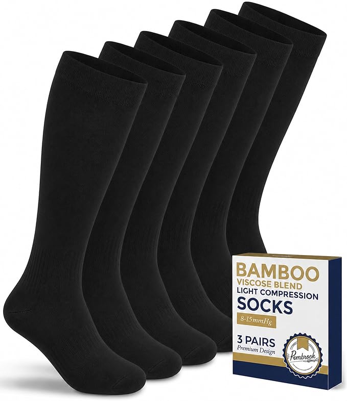 Pembrook® Bamboo Viscose Light Compression Socks - 3 Pairs | 8-15 mmhg Compression Socks | Knee High Comfort Support Socks by Pembrook