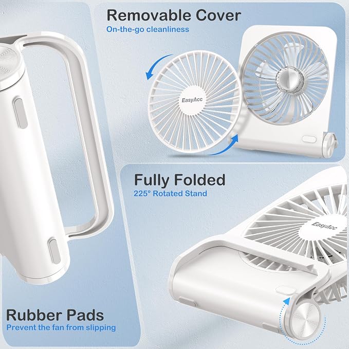 EasyAcc Small Travel Desk Fan with 4000 Capacity, Slim Rechargeable Portable Fan for SlumberPod and Camping, 180° Tilt, Fully Foldable, Office and Travel Essential - Image 4