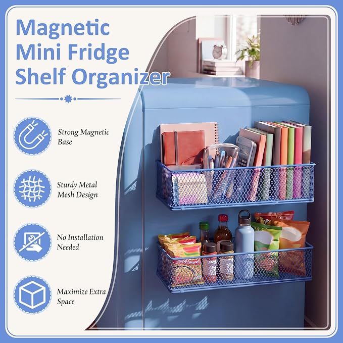 FoldTier 2 Pack Blue Magnetic Basket Dorm Mini Fridge Shelf Organizer Kitchen Storage Bin Container Spice Holder for Locker Refrigerator Pantry Dorm Essentials (13.8 x 3.1 x 4.9 Inch) - Image 3