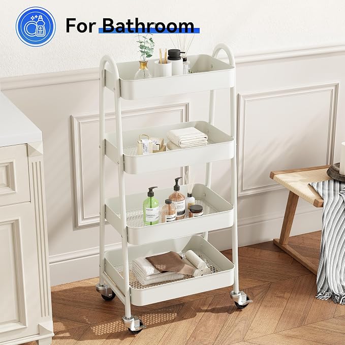 OLIXIS Metal 4 Tiers Rolling Storage Utility Cart with Lockable Wheels | Mobile Organizer Shelf, Space-Saving, Freestanding, Bathroom, Living Room, Slim, Narrow Corner Spaces, White - Image 5