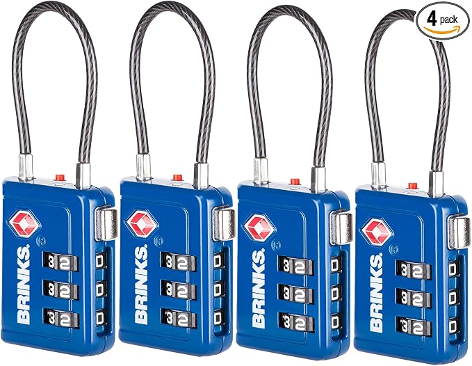 Brinks TSA Accepted Indicator Luggage Lock, Blue - Resettable 3-Dial Combination, 1.5 inch Long Cable Shackle, New More Secure TSA008 Key, 4 Pack by Brinks