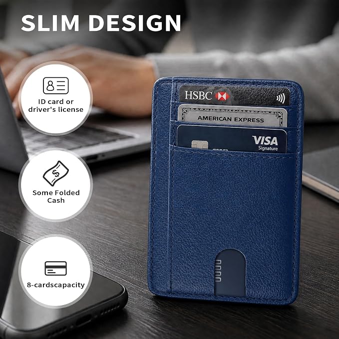 Slim Minimalist Front Pocket RFID Blocking Leather Credit Card Holder, Small Compact Wallet with ID Window for Men and Women (Blue) - Image 5