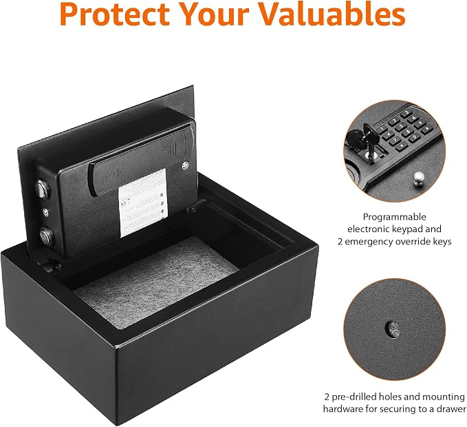 Amazon Basics Small Slim Desk Drawer Security Safe with Programmable Electronic Keypad, Secure Quick Access, 0.1 Cubic Feet, Black, 11.8"W x 8.6"D x 4.4"H - Image 2