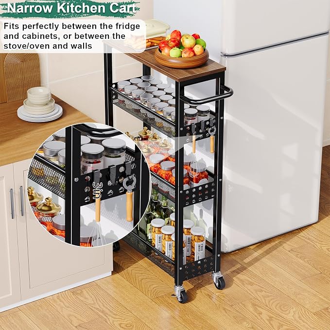 Laundry Room Slim Rolling Cart with Wheels for Between Washer and Dryer Gap | Utility Slim Storage Cart with Table Top, Small Laundry Organizers and Storage Shelves, Thin Shelf for Narrow Spaces, 4 Tier - Image 8