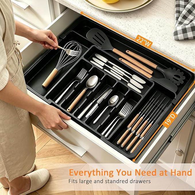 Homecor Silverware Organizer - Expandable Large Kitchen Drawer Organizer Utensil Organizer with 2 Removable Knife Blocks, 22"x 19"Cutlery Tray Drawer Dividers for Kitchen Flatware(6-9 Slots) (Black) - Image 6