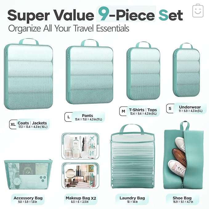 Veken 9/11 Set Compression Packing Cubes Garment Bags for Travel Essentials,Compressible Expandable Luggage Organizer Bags for Clothing,Space Saver Bags with Over 1000 pcs of Mesh Holes(Blue Green) - Image 2