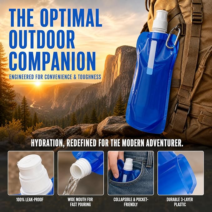4 Pack Collapsible Water Bottles for Travel – 16oz Foldable Water Bottle with Carabiner,Leakproof Lid, 480ML Portable Reusable BPA-Free Water Bottle for Hiking,Sports,Camping,Biking - Image 6