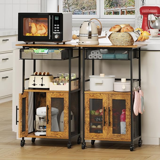 3 Tier Slim Rolling Coffee Cart with 2-Door & Pull-Out Wire Basket Drawer, Coffee Bar Cabinet on Lockable Casters, 32.7" H Microwave Cart with Storage for Home, Kitchen, Living Room (Rustic Brown) - Image 8