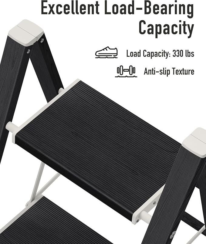 Mayi Plus 2 Step Stool Foldable, Aluminum, Lightweight Step Ladder | Extra-wide anti-slip folding steps with 330 lbs, for home,kitchen,office,outdoor,Ebony woodgrain - Image 5