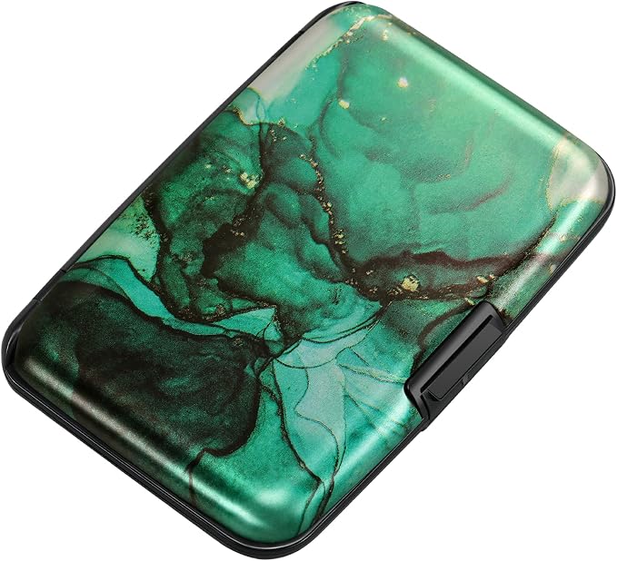 Mini RFID Aluminum Wallet Credit Cards Holder Business Card Case Metal ID Case for Men Women (Greenblack Marble) by ELFISH