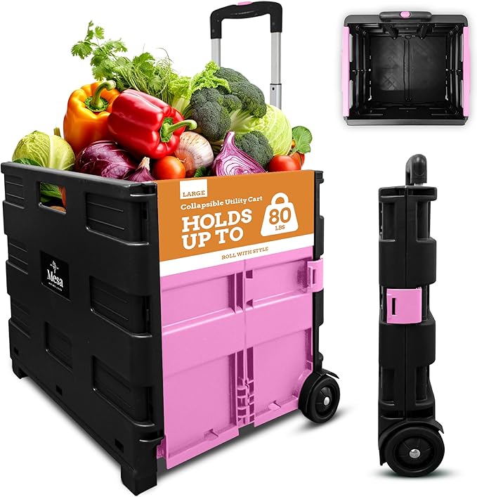 Inspired Living Ultra-Slim Rolling Collapsible Storage Pack-N-Roll Utility-carts, with Telescopic Handle, for Home, Garden, Shopping, Office, School use, Large, Pink & Black by Inspired+Living
