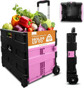 Inspired Living Ultra-Slim Rolling Collapsible Storage Pack-N-Roll Utility-carts, with Telescopic Handle, for Home, Garden, Shopping, Office, School use, Large, Pink & Black by Inspired+Living
