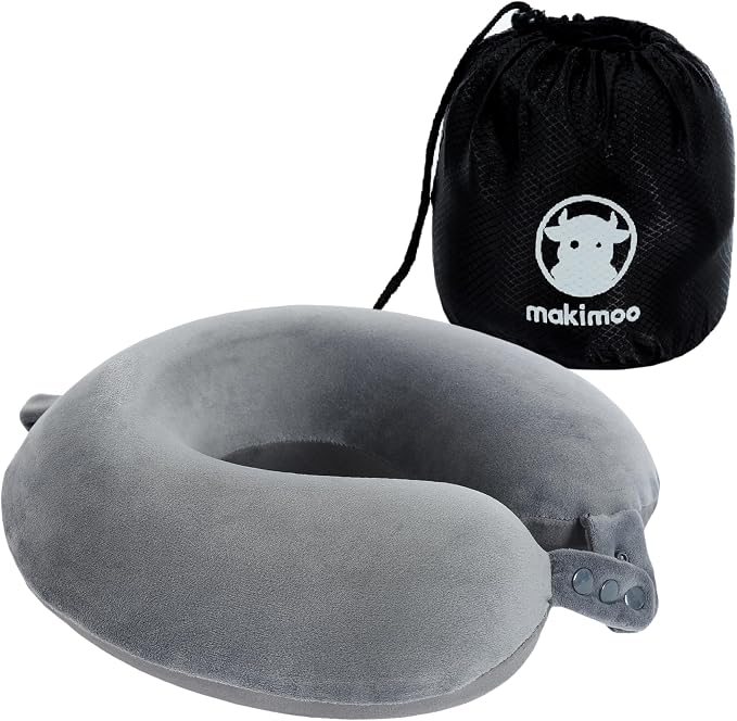 Travel Neck Pillow, Top Memory Foam Pillow for Head Support, Ideal for Airplanes, Cars, and Home Recliners, Adjustable and Soft (Grey) by Makimoo