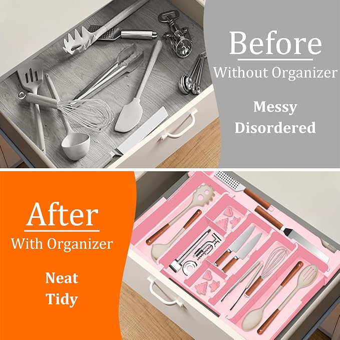 Large Utensil Drawer Organizer Expandable Silverware Organizer for Kitchen Drawer Adjustable Cooking Utensil Holder Cutlery Flatware Tray Spatula Tools Gadgets Storage Dividers Plastic Pink - Image 3
