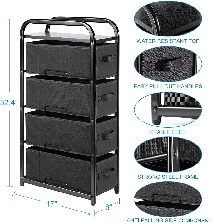 MAX Houser 4 Drawer Narrow Dresser Fabric Storage Tower Vertical Slim Storage Chest Organizer Nightstand Side/End Table Small Standing Organizer Removable Drawers Wood Top for Bedroom, Bathroom（Black - Image 3