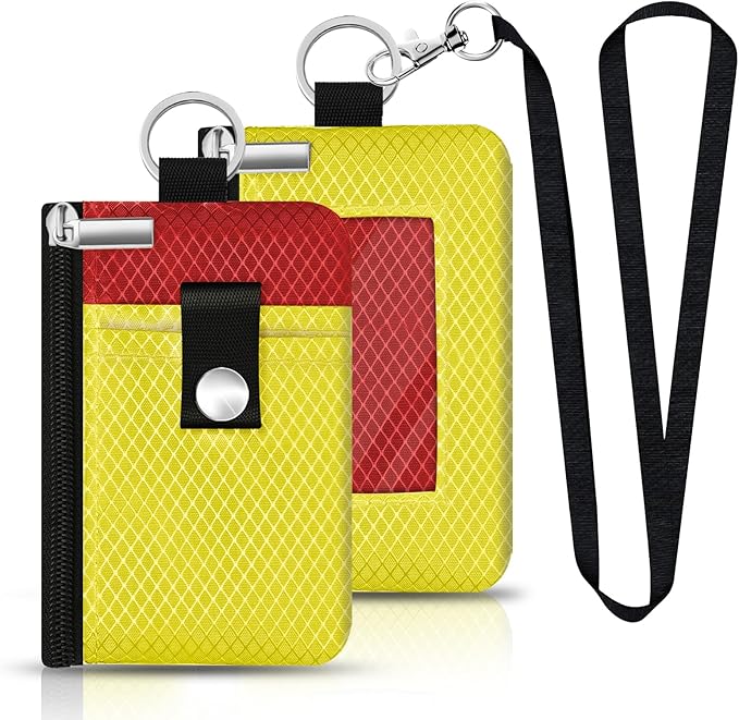 Minimalist RFID Blocking Small Wallet with ID Window,WaterResistant Zip Id Case Wallet with Lanyard Keychain for Cards,Cash,Travel,Women,Men (Lemon Yellow/Red) by CCUMI