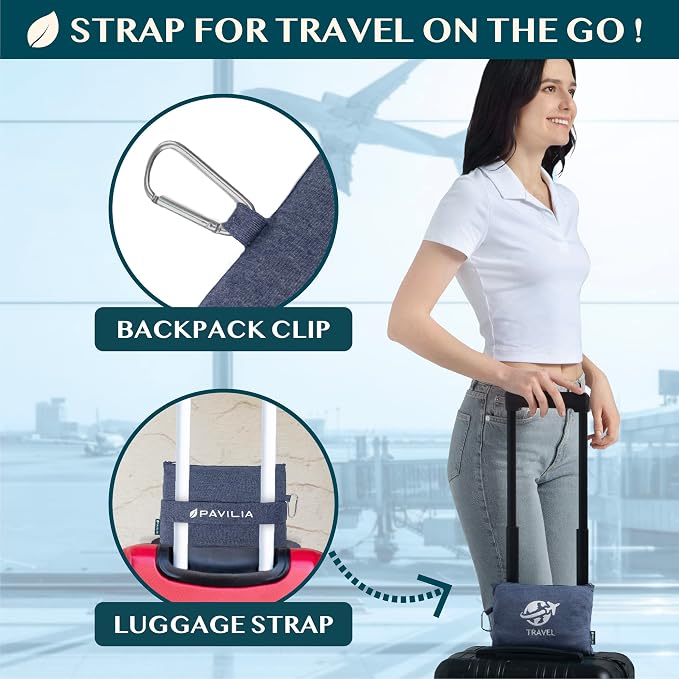 PAVILIA Travel Blanket Compact, Airplane Packable Bag, Soft Fleece Portable Throw Pillow Combo Set, Plane Flight Car Trips Essentials Gift Accessories, Luggage Backpack Clip, Navy Blue, 65 x 40 inch - Image 3