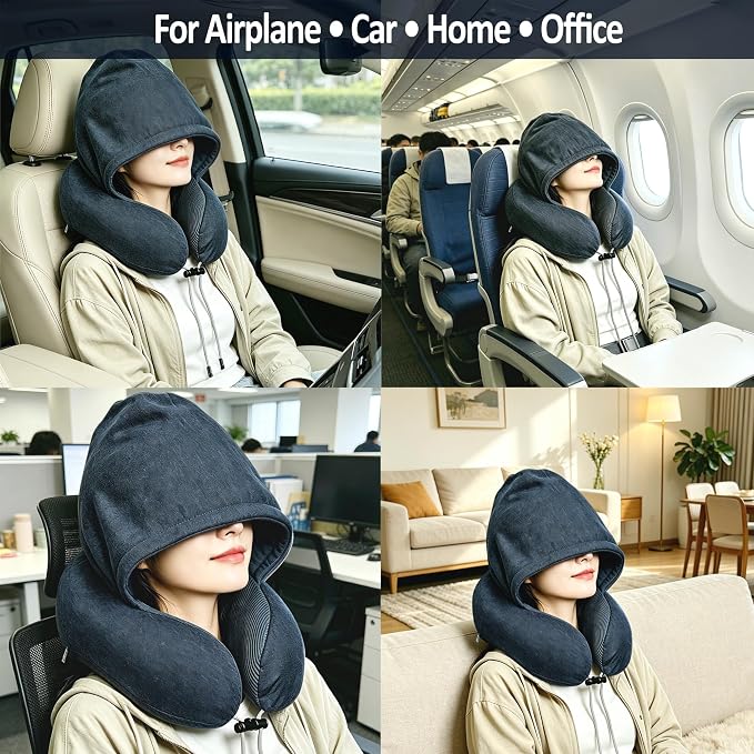 Airplane Travel Neck Pillow with Hood – Memory Foam Neck Support Pillow with Light Blocking Cover for Sleeping on Flights, Ergonomic Travel Pillow for Plane, Car & Office (dark gray, Hood neck pillow) - Image 5