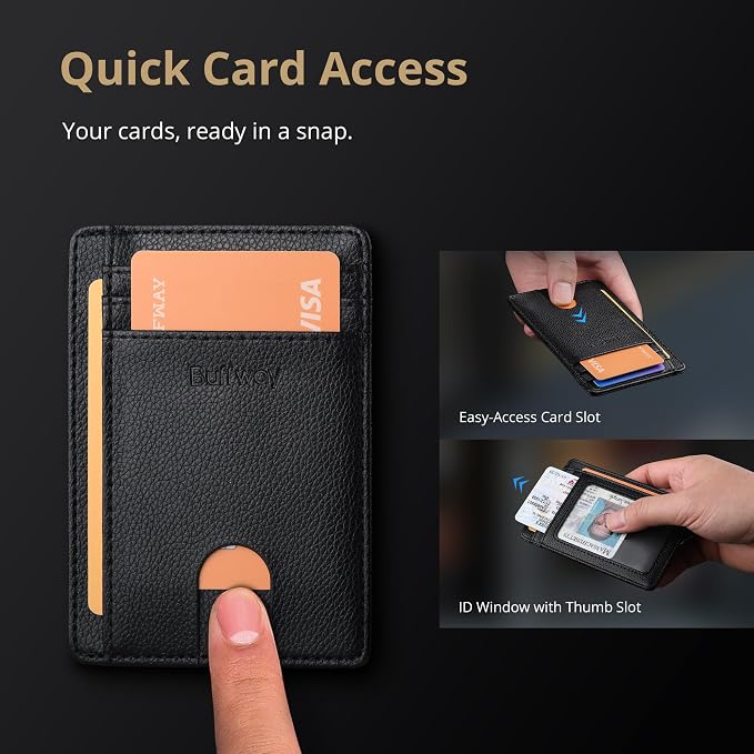 Buffway Slim Minimalist Front Pocket RFID Blocking Leather Wallets for Men and Women - Lichee Black - Image 3
