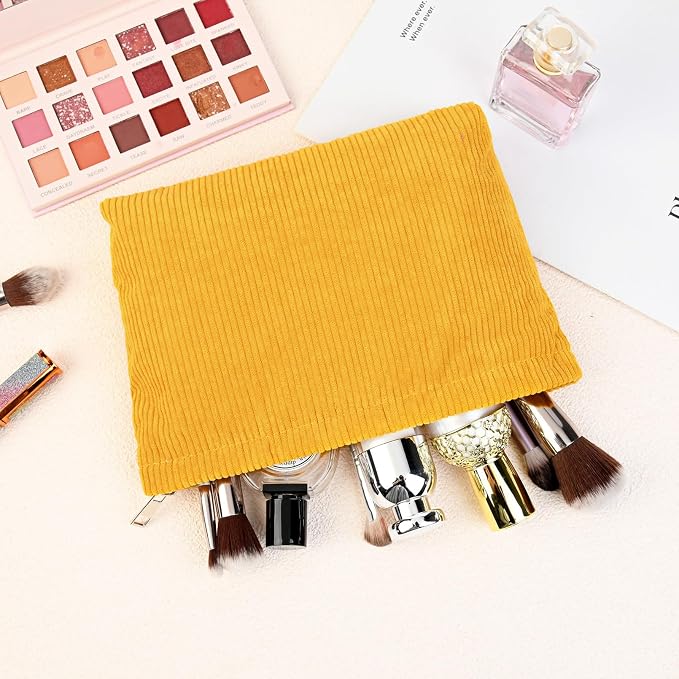SOIDRAM 2 Pcs Corduroy Makeup Bag Large Cosmetic Bag Toiletry Bag Makeup Pouch Travel Bag Organizer Cute Makeup Brushes Aesthetic Accessories Storage Bag for Women Mustard Yellow - Image 5