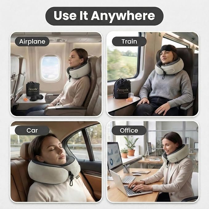 Memory Foam Wrap Around Travel Neck Pillow for Airplane, Light Grey | Travel pillow for airplanes with adjustable 360° neck support, breathable, washable cover, eye mask, earplugs & compact bag - Image 6