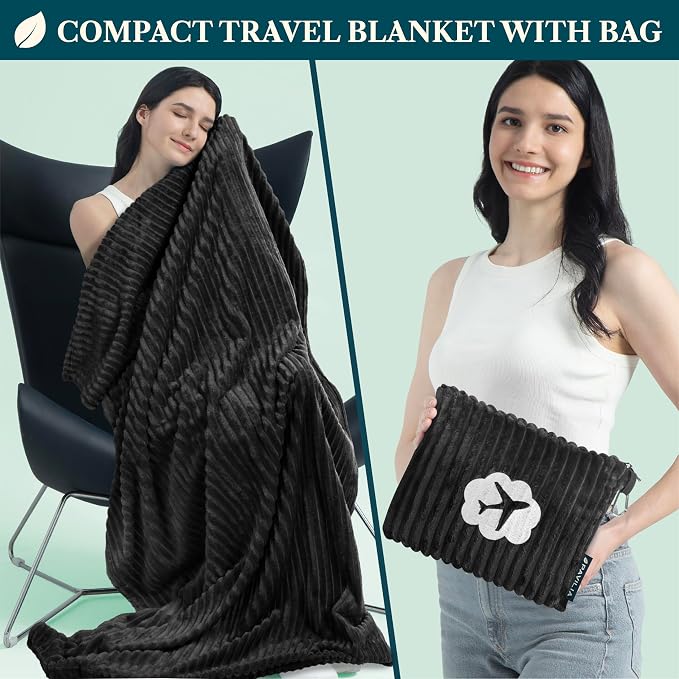 PAVILIA Travel Blanket Pillow, Soft Ribbed Fleece Airplane Blanket, Black | 65x40, Compact Packable Plane Throw with Bag, Luggage Strap and Back Pocket, Cozy Flight Essentials Travelers Camping Gift - Image 2